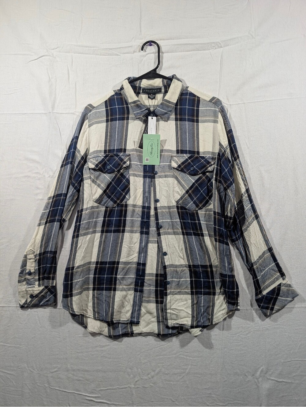 NWT sanctuary, Blue/Black, White Plaid, Classic button-down flannel shirt, Med